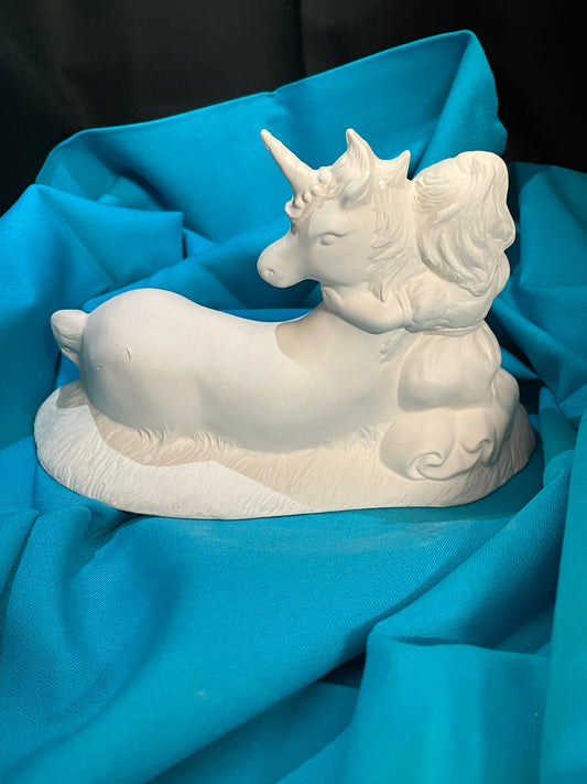 Laying Unicorn w/Girl Ceramic Bisque