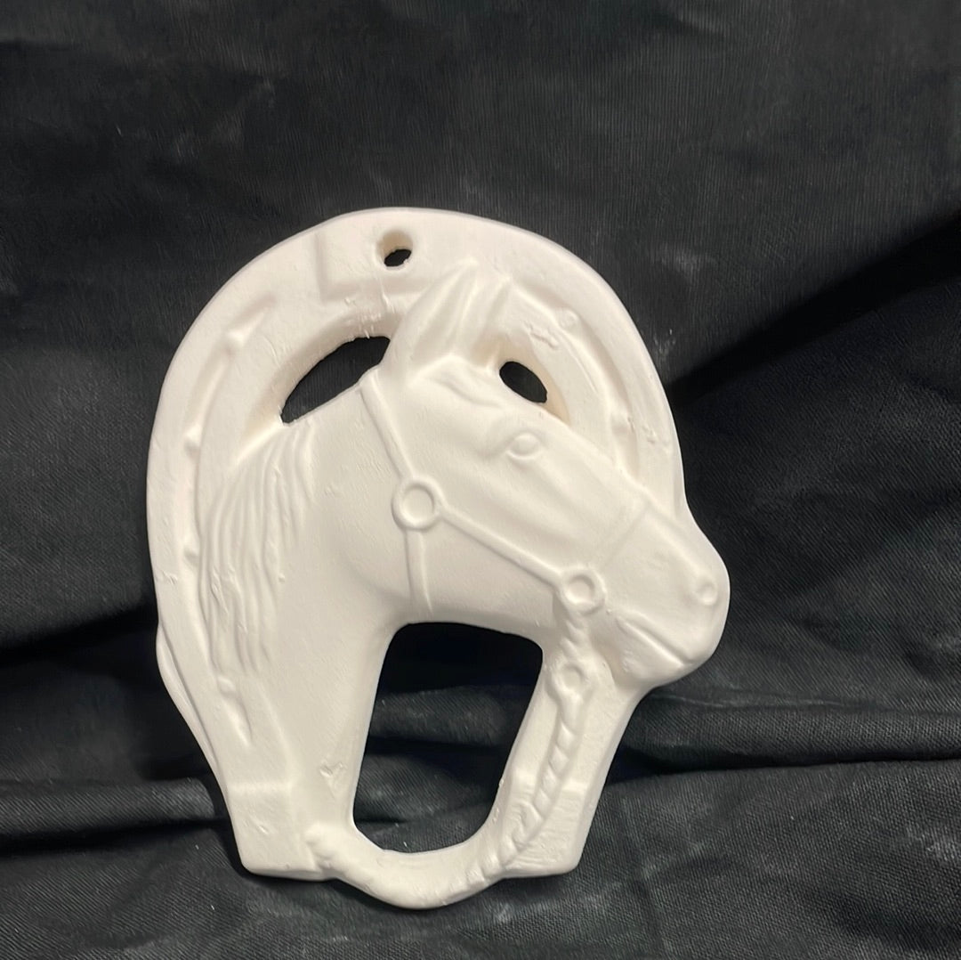 Horse Head w/Horseshoe Ornament Ceramic Bisque