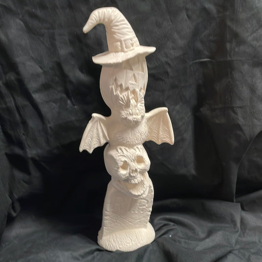 Tombstone w/Pumpkin, Skull, Bat Stack Ceramic Bisque